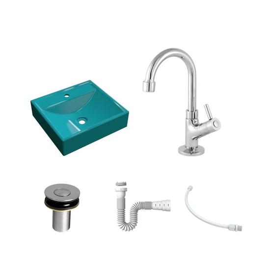 Imagem de Kit Cuba Q39 C/Torneira 1198 Metal + Válvula Click 1''B (2,6cm) + Sifão Pvc + Flexível