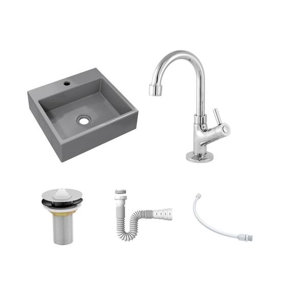 Imagem de Kit Cuba Q395 C/Torneira 1198 Metal + Válvula 1'' (2,6cm) + Sifão Pvc + Flexível