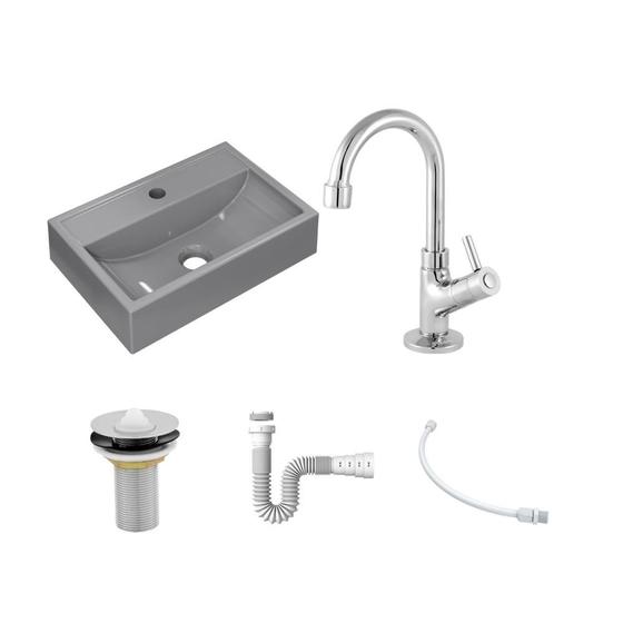Imagem de Kit Cuba Q45 C/Torneira 1198 Metal + Válvula 1'' (2,6cm) + Sifão Pvc + Flexível