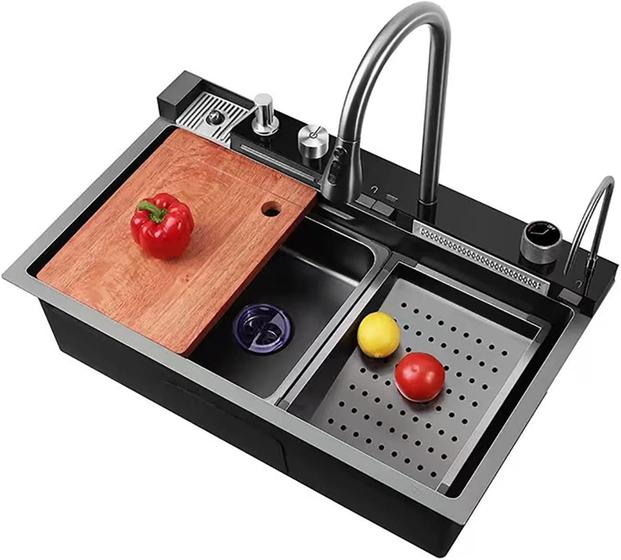 Imagem de Kit Cuba Quadrada + Torneira Extensivel com Controle de Temperatura Dispenser e Cascata Eletrônica  - Completa