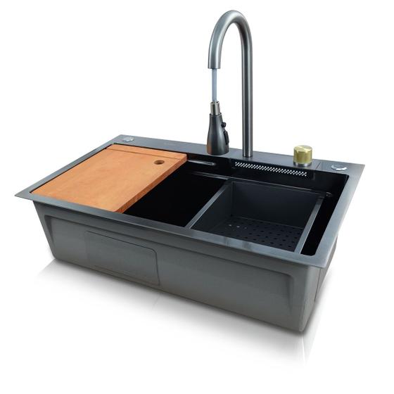 Imagem de Kit Cuba Quadrada + Torneira Extensivel com Controle Temperatura Cascata Cesto e Tábua Tutto Home