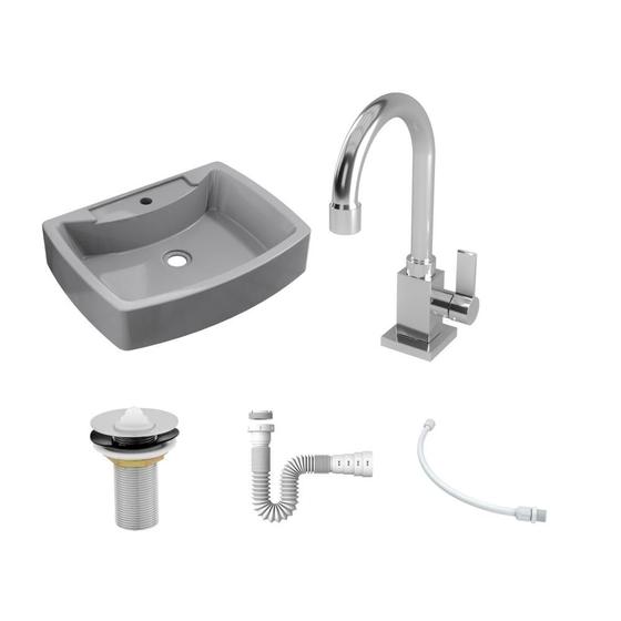 Imagem de Kit Cuba RT50 C/Torneira Luxo 1195 Metal +  Válvula 1'' (2,6cm) + Sifão Pvc + Flexível