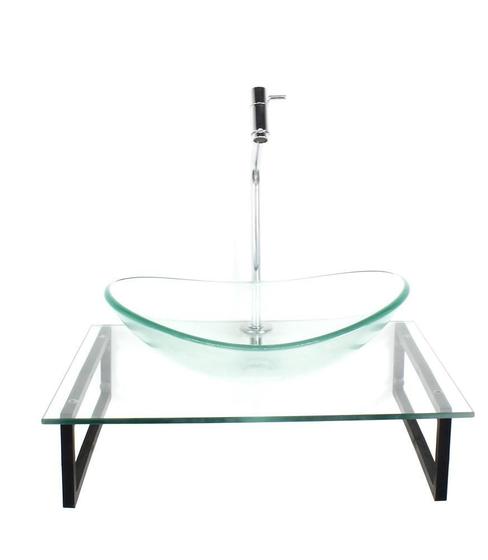 Imagem de Kit Cuba Vidro Oval 10Mm Tampo 50Cm Incolor Suporte Torneira