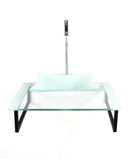 Imagem de Kit Cuba Vidro Quadrada 10Mm Tampo 50Cm Branco E Suporte