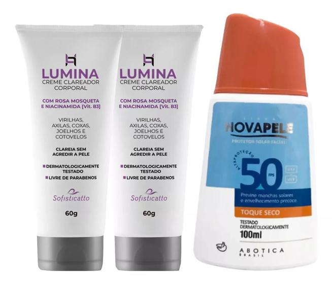 Imagem de Kit Cuidado com a Pele: 2 Creme para Clarear Manchas no Corpo Axila e Virilha + Protetor Solar Nova Pele 50 FPS