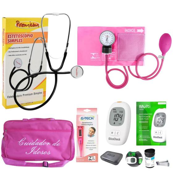 Imagem de Kit cuidador de idosos com esteto simples esfigmo completo rosa