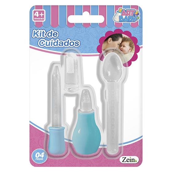 Imagem de Kit Cuidados do Bebê Aspirador Nasal Conta Gotas Escova Colher Dosadora Silicone