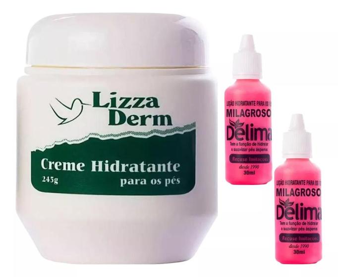 Imagem de Kit Cuidados para os Pés: 1 Creme Hidratante Lizza Derm  + 2 Loção Milagroso Delima