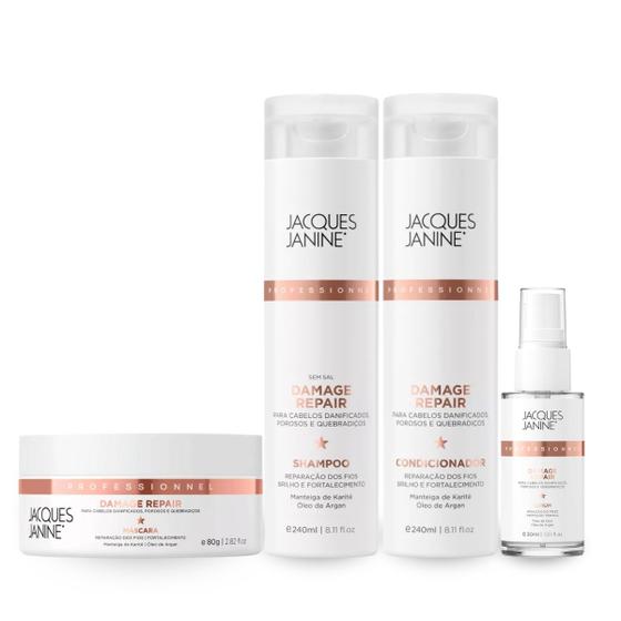 Imagem de Kit Damage Repair Shampoo Limpeza Profunda 240ml + Condicionador Reparador 240ml + Máscara Hidratação 80g + Sérum Antifrizz 30ml, Jacques Janine