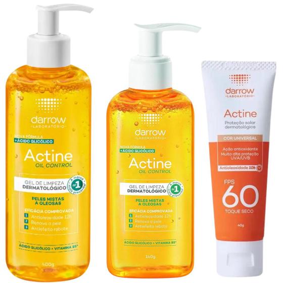Imagem de Kit Darrow Actine Protetor Solar Facial Cor Universal FPS60 Gel Limpeza Oil Control Pele Oleosa Mista