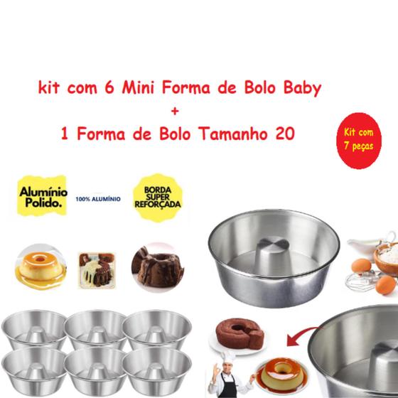 Imagem de Kit De 1 Forma de Bolo Pudim Tamanho 20 + 6 Mini Forminhas Para Mini Pudins e Bolos Mini