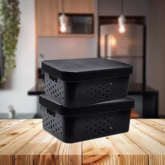 Imagem de KIT de 2 Caixas Organizadoras Preta 6L C/ Tampa Plástico Resistente, Armário, Cozinha, Escritório, Porta Objetos