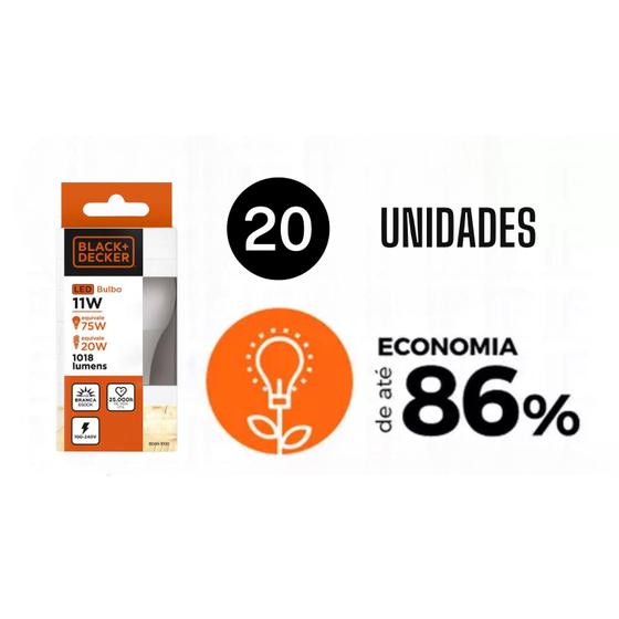 Imagem de Kit de 20 Lâmpadas LED Bulbo Black+Decker A60 E27 11W 6500K