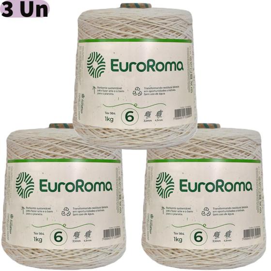 Imagem de Kit de 3 Barbantes Euroroma Cru 1kg Fio Número 6 Crochê, Tricô e Artesanato