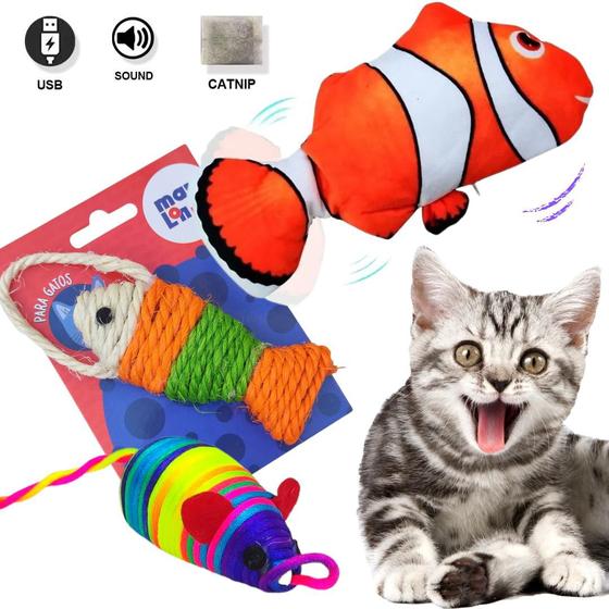 Imagem de kit de 3 Brinquedos gatos Peixe elétrico c/ catnip ratinho e peixe Sisal