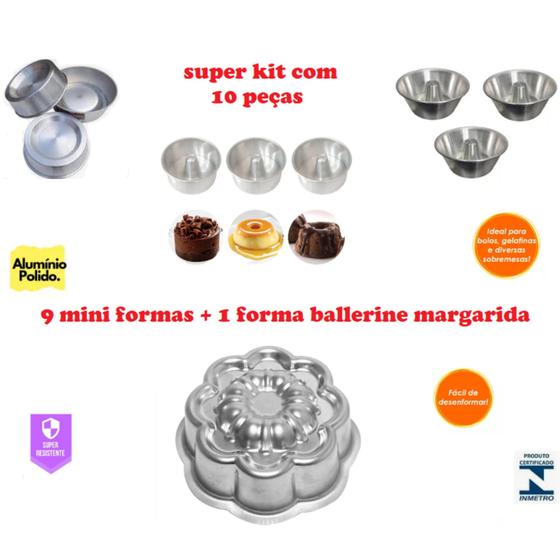 Imagem de Kit De 9 Formas Minis Bolos Piscina Pudins Ballerine Bolos Baby e 1 Forma Margarida Ballerine