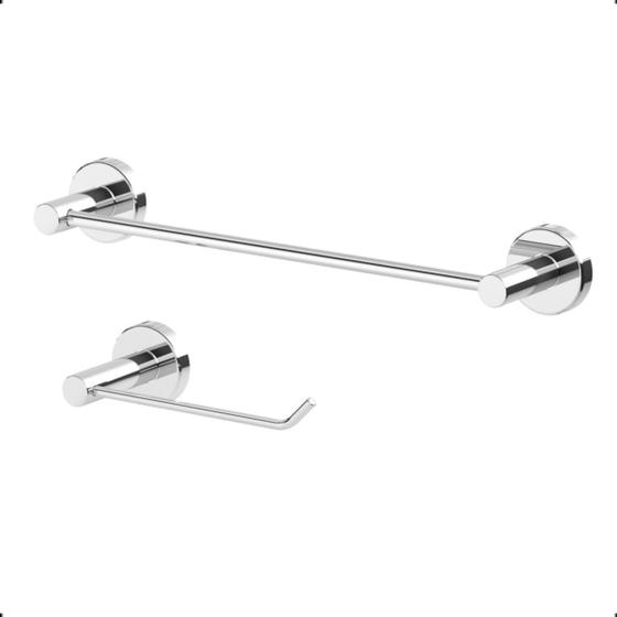 Imagem de Kit de Acessórios para Banheiro Aço Inox e Metal Prata Alto Brilho 2 Itens Modelo Athenas