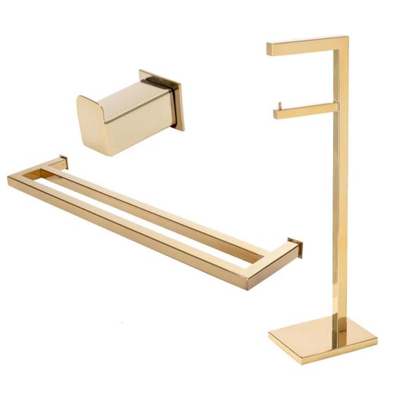 Kit de Acessórios Para Banheiro com 3 Peças em Aço Inox Dourado Linha Larissa com toalheiro Duplo Stainless Menor preço em Kit de Acessórios Para Banheiro com 3 Peças em Aço Inox Dourado Linha Larissa com toalheiro Duplo Stainless