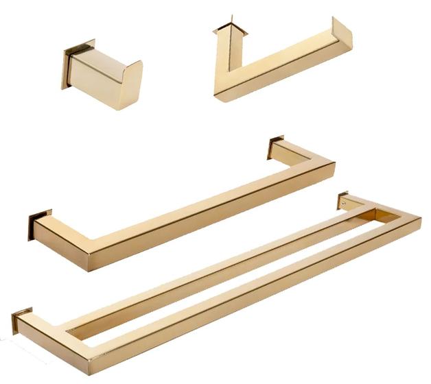 Imagem de Kit de Acessórios Para Banheiro com 4 Peças em Aço Inox Dourado Linha Larissa com toalheiro duplo  Stainless