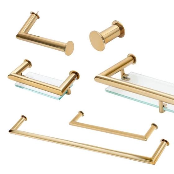 Imagem de Kit de Acessórios Para Banheiro com 6 Peças em Aço Inox Dourado Brilhante Linha Tessália  Stainless