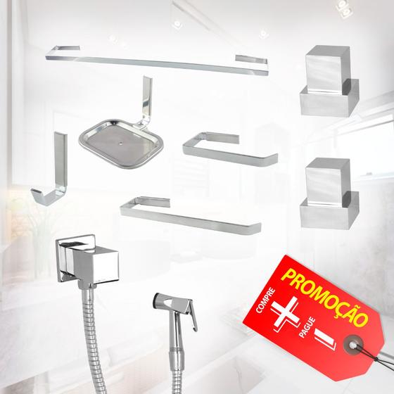 Imagem de Kit de Acessórios para Banheiro Quadrado Cromado Completo + Ducha Higienica + 2 Acabamentos Quadrado Luxo Cód. 8807