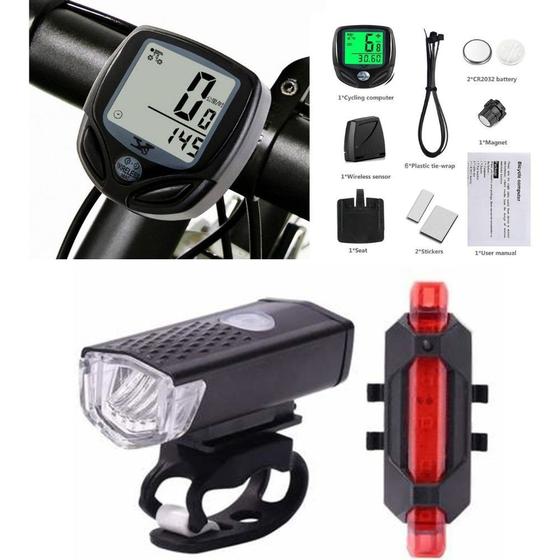 Imagem de kit de Acessórios para bike Lanterna Traseira e frontal + Velocímetro sem fio