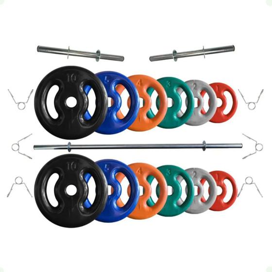 Imagem de Kit de Anilhas Emborrachadas 50 Kg + 02 Barras de 40cm + 01 Barra de 150cm