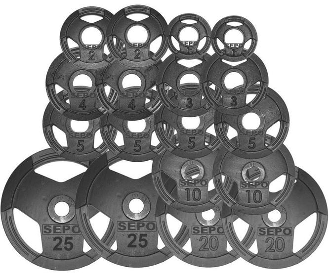 Kit de Anilhas Sport Luxo com Furação Olímpica - 150Kg Menor preço em Kit de Anilhas Sport Luxo com Furação Olímpica - 150Kg
