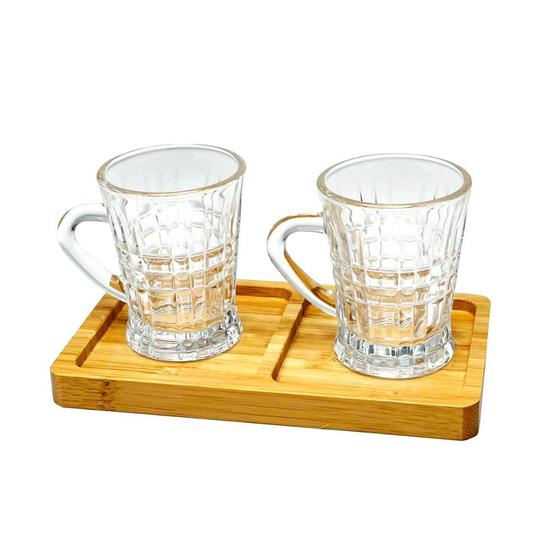 Imagem de Kit de Bandeja com Divisória Bambu e 2 Xícaras de Vidro Xadrez 100ml