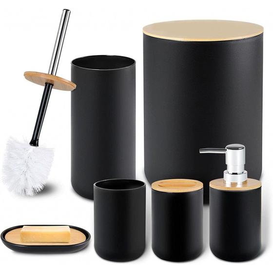 Imagem de Kit de Banheiro Bambu 6 Peças Conjunto Acessórios de Banheiro Eleganz Design Moderno Jogo Para Lavabo Lixeira Grande 6,50L Detalhe Cromado Plasvale