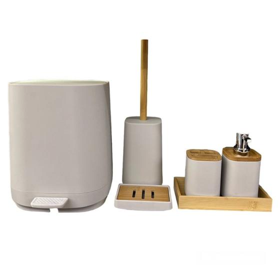 Imagem de Kit De Banheiro Branco Completo C/ Detalhes em Bambu 6pcs