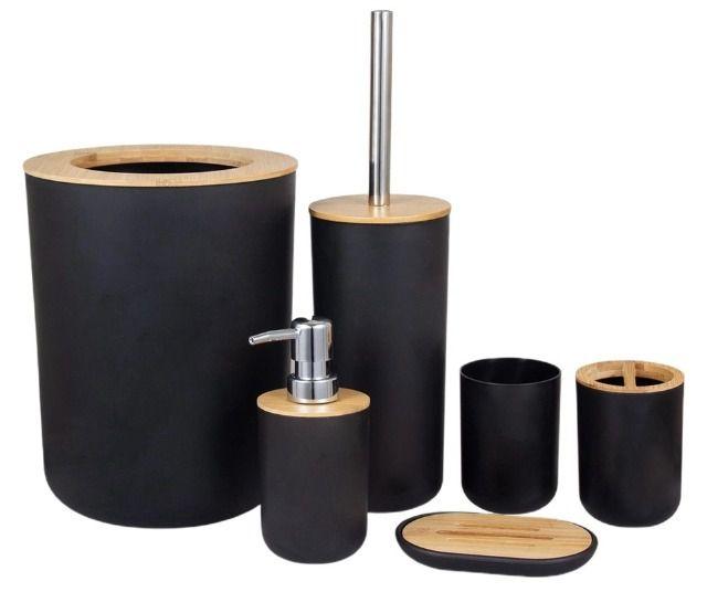 Imagem de Kit De Banheiro Lixeira Saboneteira Moderno C/ Bambu 6 Peças