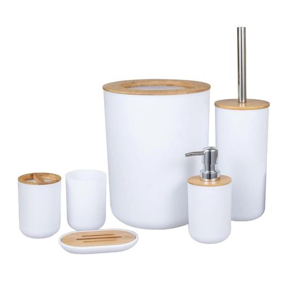 Kit De Banheiro Lixeira Saboneteira Moderno C/ Bambu 6 Peças Menor preço em Kit De Banheiro Lixeira Saboneteira Moderno C/ Bambu 6 Peças