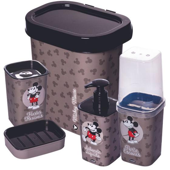 Imagem de Kit de banheiro Mickey lixeira + porta escovas + porta cotonete + porta sabonete líquido + saboneteira Plasutil