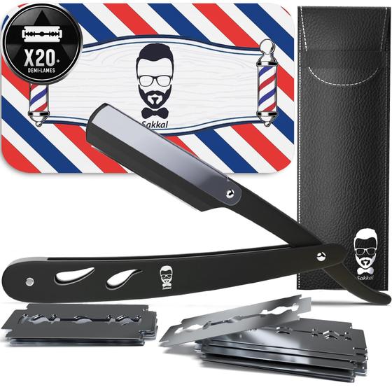 Imagem de Kit de Barbeiro Sakkal com Navalha Straight Edge - 20 Lâminas e Estojo