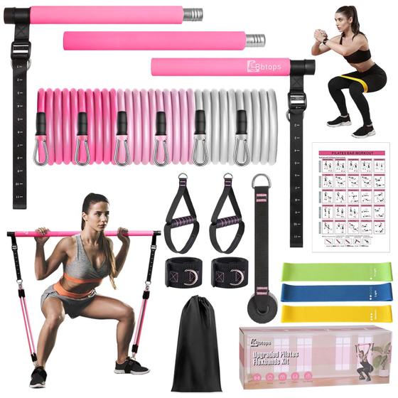 Imagem de Kit de barra de Pilates Bbtops atualizado com faixas de resistência rosa