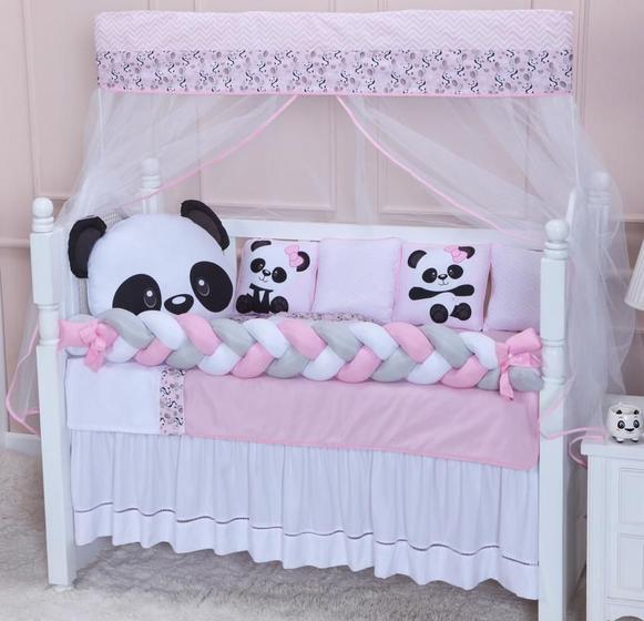 Imagem de Kit De Berço Panda Completo 12 Peças Com Saia E Trança Rosa