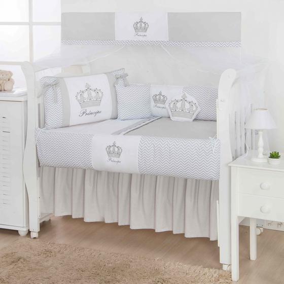 Imagem de Kit de berço quarto de bebe bordado completo doce nuvem com mosquiteiro e saia algodão com 12 pçs