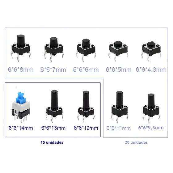 Imagem de Kit de Botões e Interruptores para Caixa de Classificação - 180 Peças com 10 Tipos de Interruptor de Toque