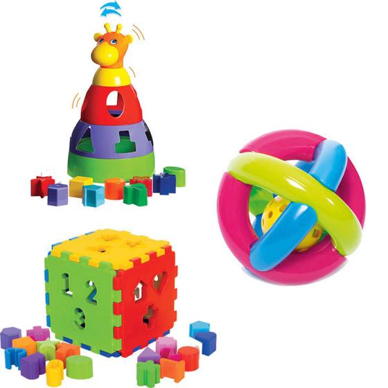 Imagem de Kit de Brinquedos Educativos para Bebês 1 ano Girafa + Cubo + Bola