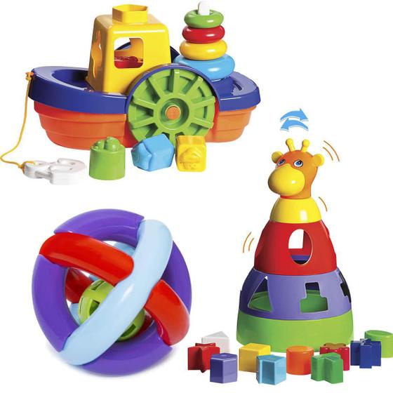 Imagem de Kit De Brinquedos Para Bebês Barco + Girafa + Bola