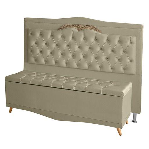 Imagem de Kit De Cabeceira De Cama Box e Calçadeira Baú Helena King 195 cm Retro Capitonê Suede Bege Eli Móveis