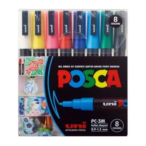 Imagem de Kit de Canetas Posca Uni Ball PC-3M Ponta Cônica Poliéster 8 Cores  58-9700