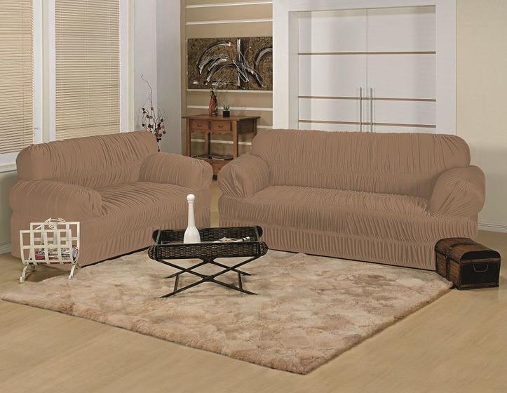 Imagem de Kit de Capa de Sofa 3 e 2 lugares com Cortina Avelã