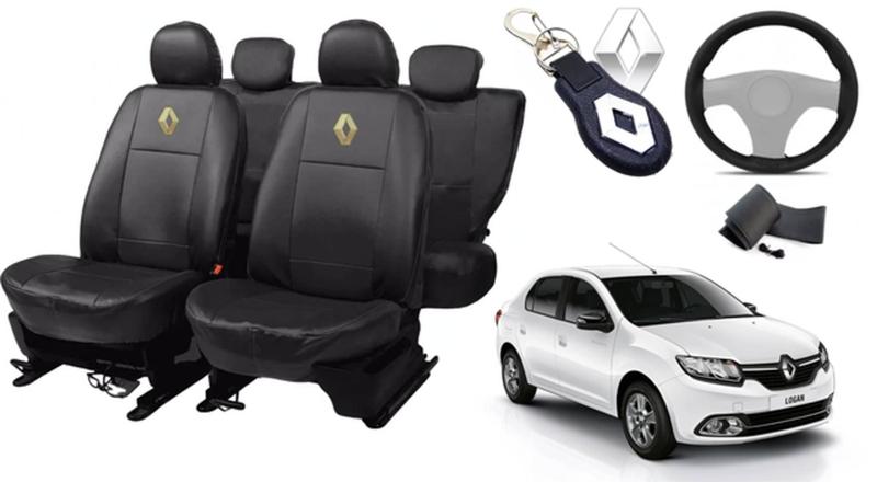 Imagem de Kit de Capas de Couro Impermeável Renault Logan 2012 a 2013 + Capa de Volante com Agulha + Chaveiro