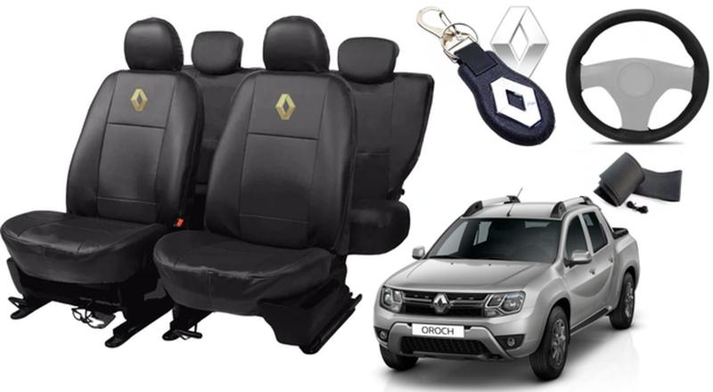 Imagem de Kit de Capas de Couro Impermeável Renault Oroch 2012 a 2013 + Capa de Volante + Chaveiro Renault