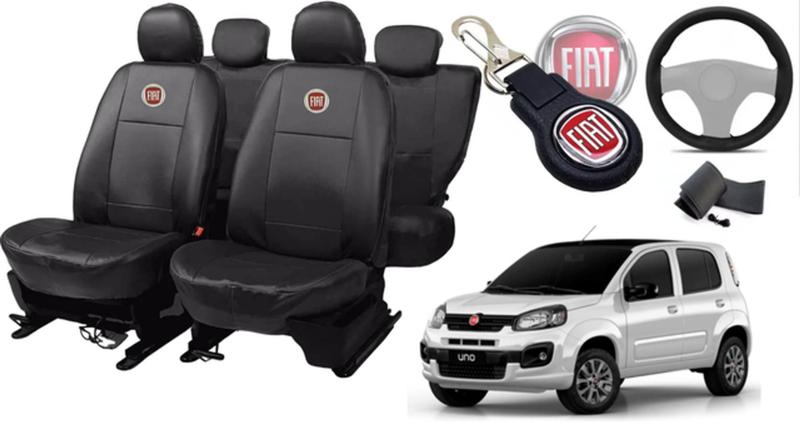 Imagem de Kit de Capas de Couro para Uno 2014 - Couro Impermeável + Chaveiro + Capa de Volante