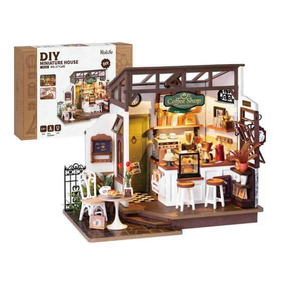 Imagem de Kit de casa de bonecas em miniatura Rolife Coffee Shop com luzes LED 1:2