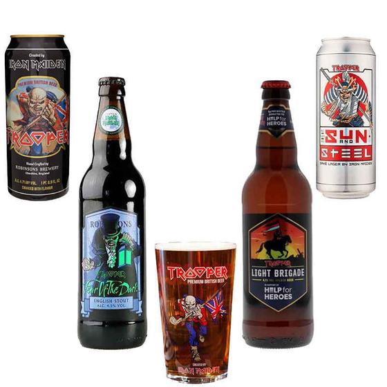 Imagem de Kit de Cervejas Trooper Iron Maiden contendo 4 rótulos e copo Pint