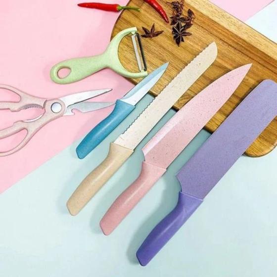 Imagem de Kit de Conjunto Facas Coloridas Tesoura Descascador Cozinha Gourmet 6 Peças